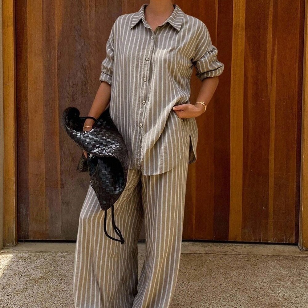 Brown Casual Women's Striped Shirt And Pants Set Lounge Sets